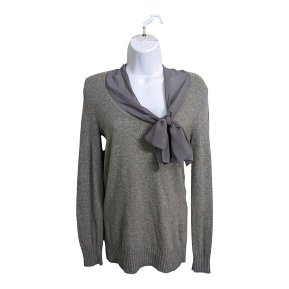 J. Crew Gray Merino Wool Cashmere Blend Top Sweater Chiffon Bow Tie Neck Fall S - Picture 1 of 9
